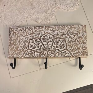Source Unknown White and Natural Floral Carved Hook Rack